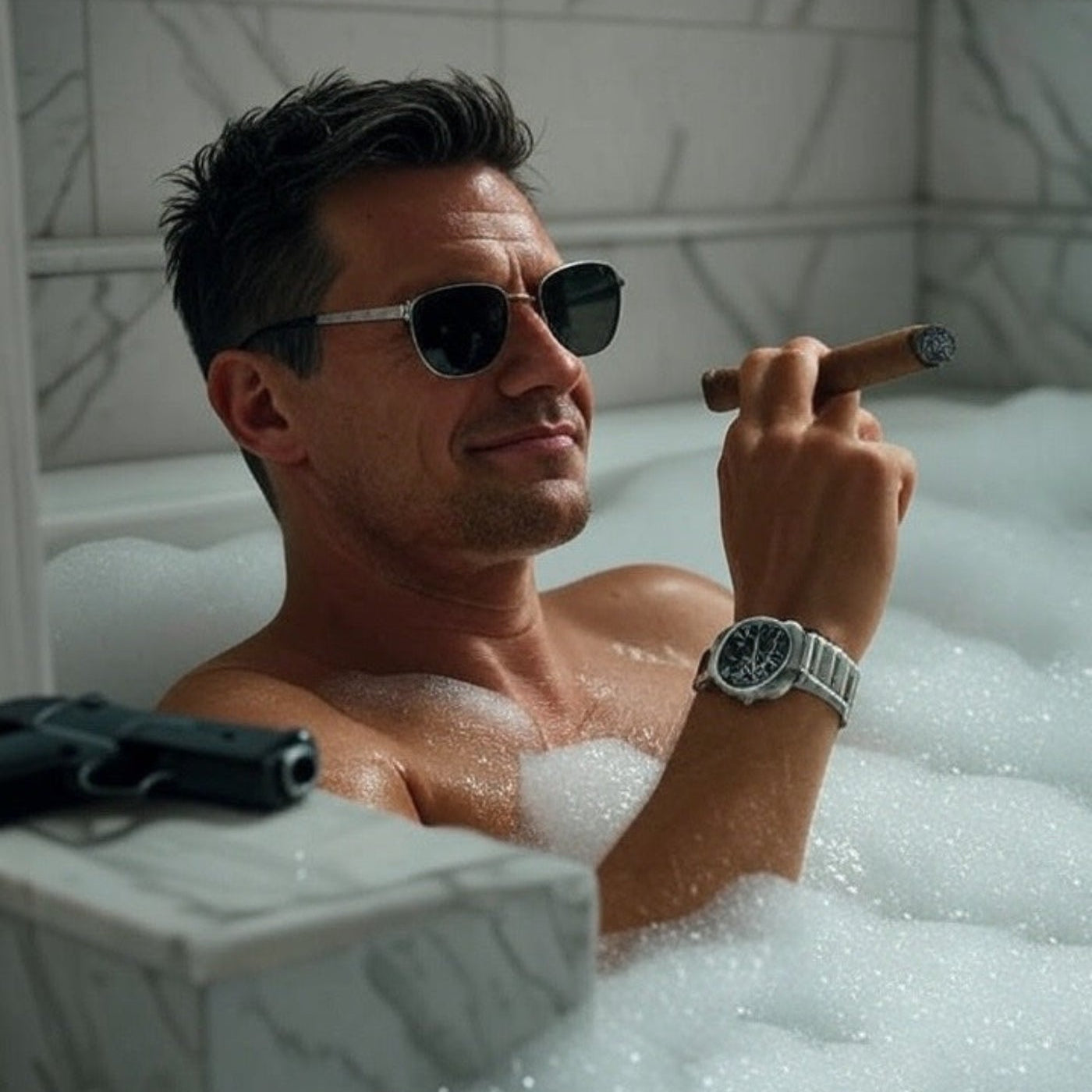 Man in a bathtub with bubbles, holding a cigar and wearing sunglasses and a watch. Tub Club.